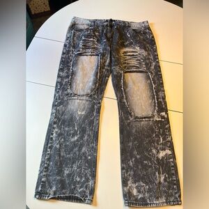 Imperious men’s black acid washed distressed patches jeans 40x32